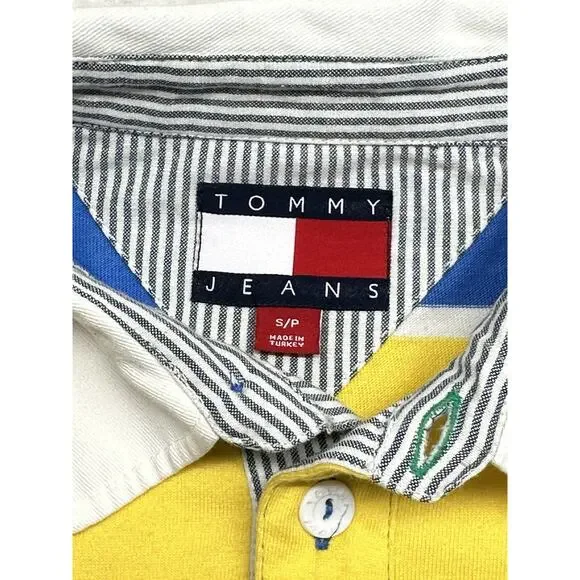 Tommy Jeans Mens Small Blue Yellow Striped Rugby Polo Long Sleeve Shirt 100% Cot - Picture 2 of 6